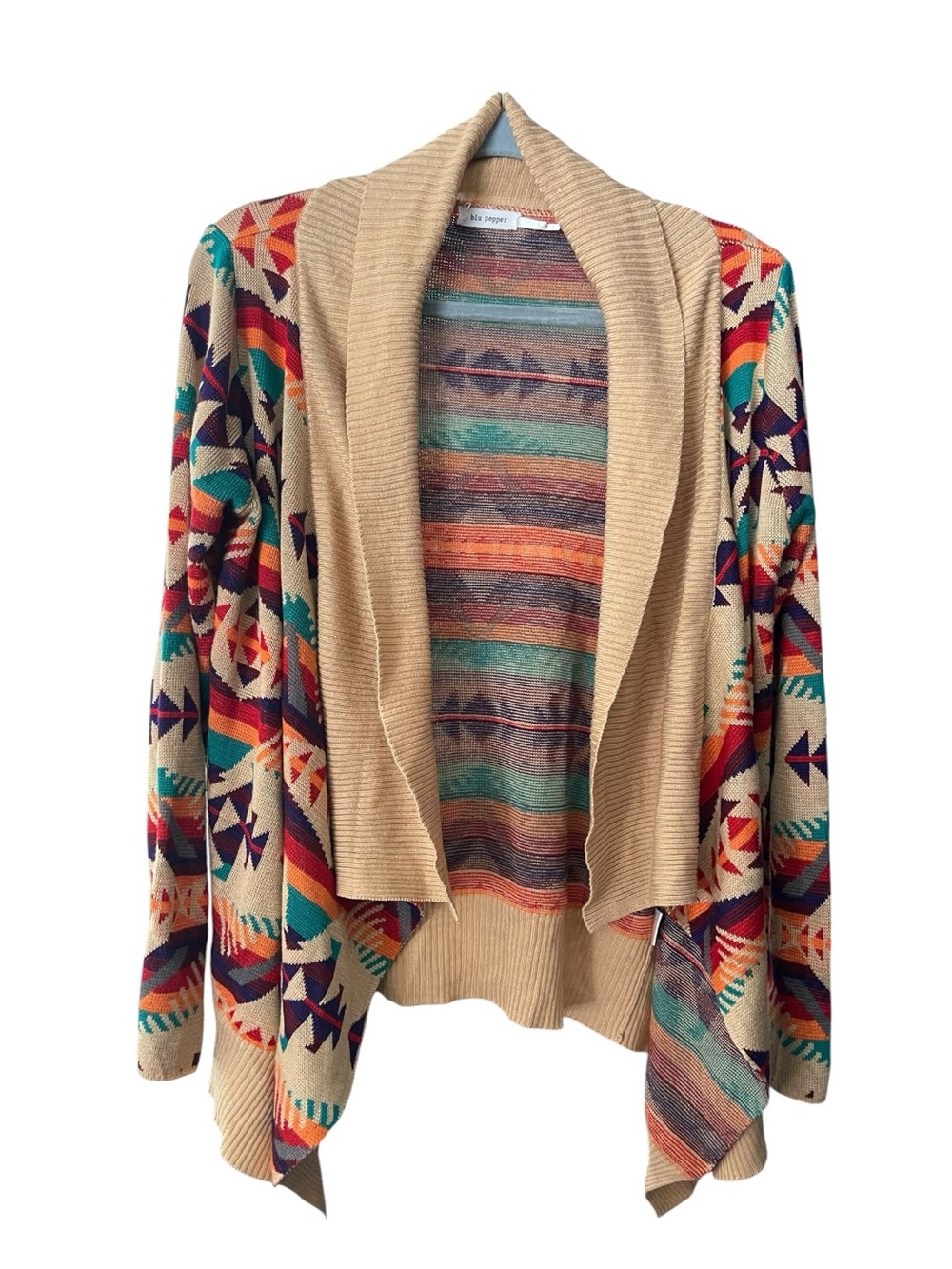Blu Pepper Cardigan L Southwestern Aztec Geometric Waterfall Open Fron